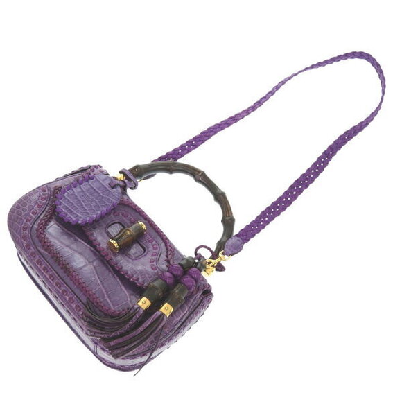 Gucci Bamboo Alligator Fringe Tassel Shoulder Handbag Crocodile Purple - Picture 4 of 8